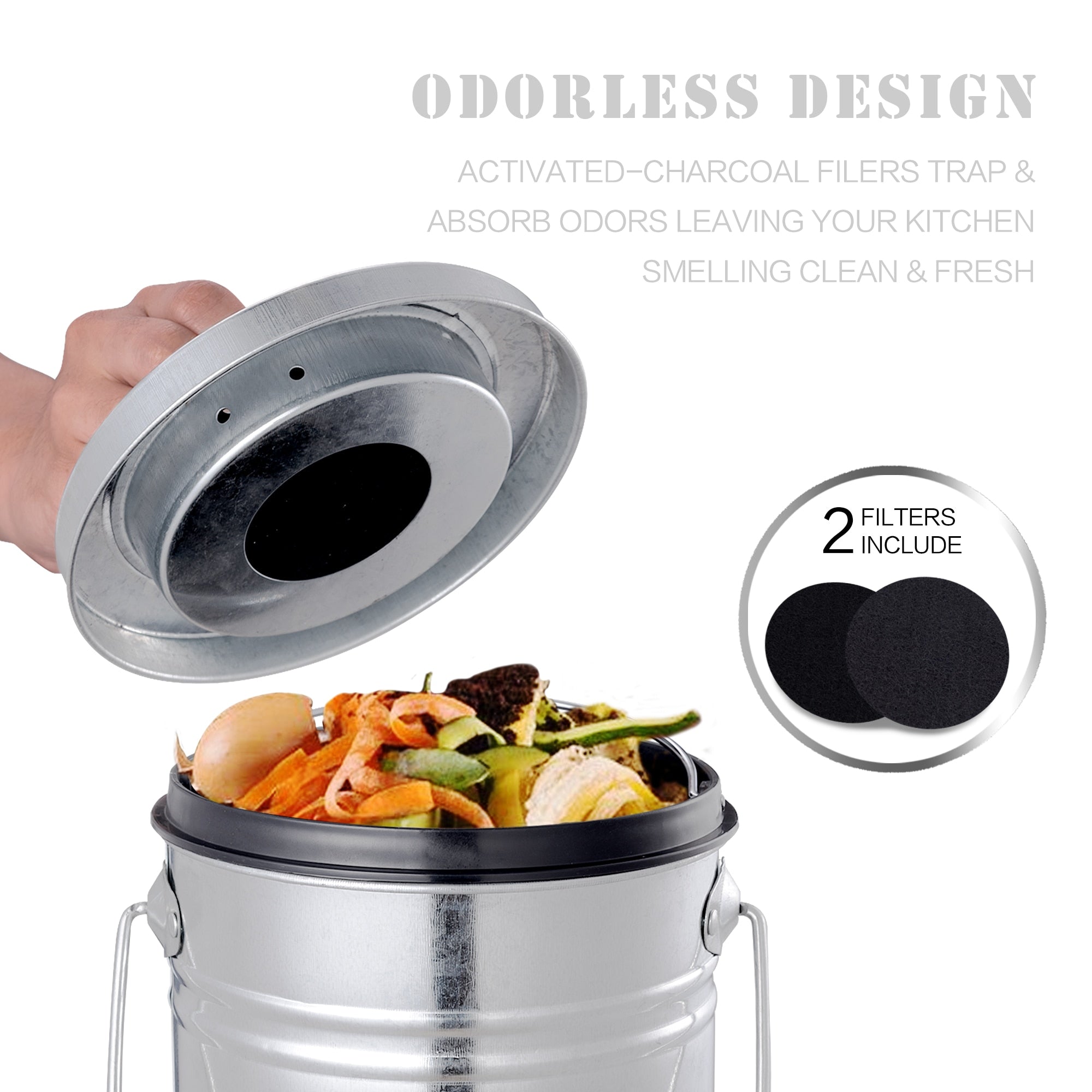 Indoor Compost Bin Odorless Countertop Pail Charcoal Filter - 0